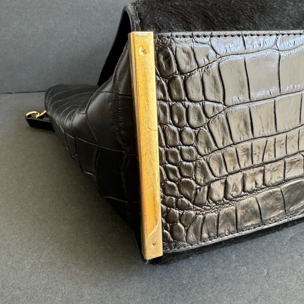 Michael Kors Lana Black Purse Calf Hair Croc Embossed Leather Bag Top Handle - Picture 15 of 16